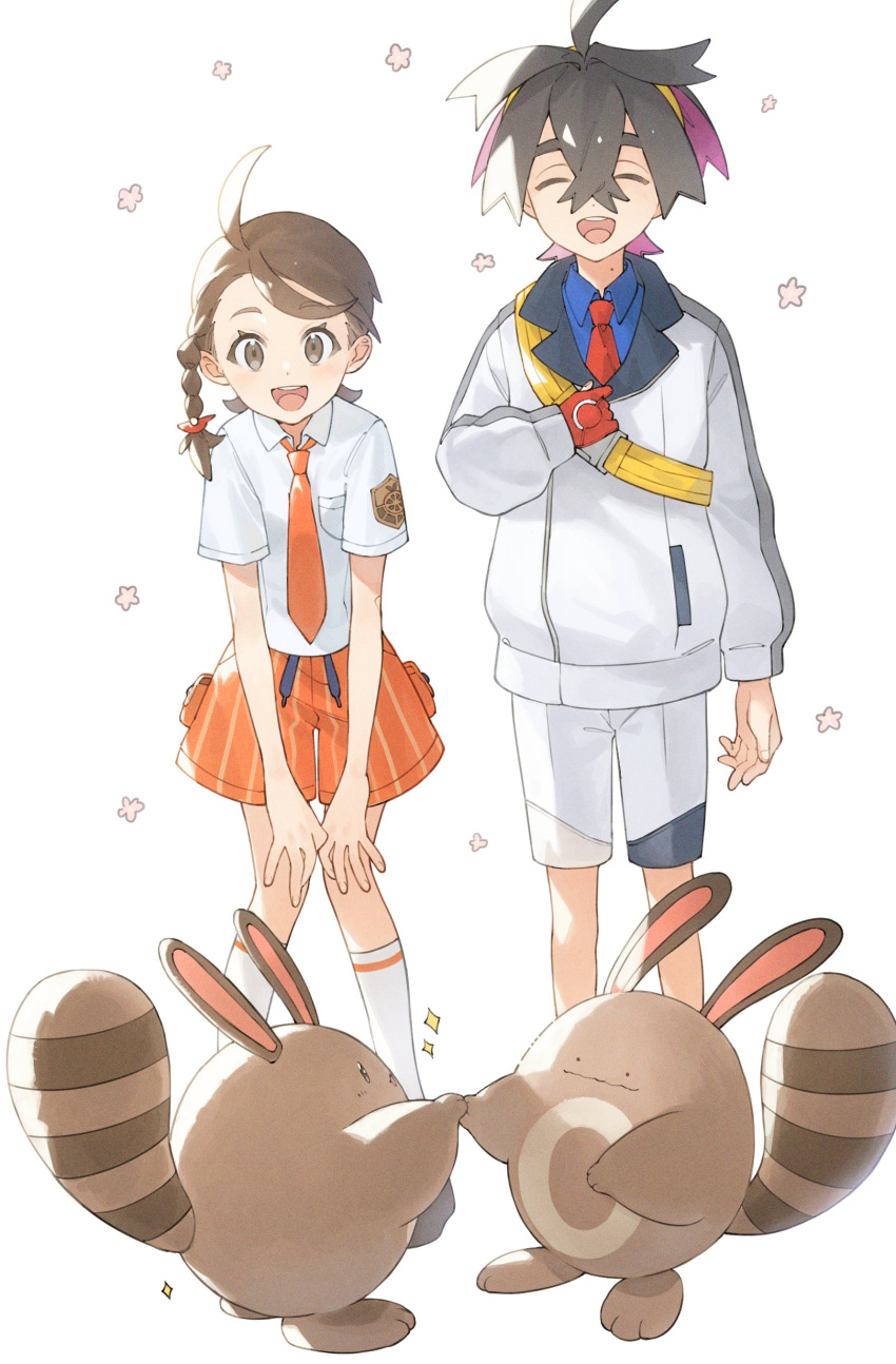 1boy 1girl absurdres black_hair blush braid brown_eyes brown_hair closed_eyes collared_shirt crossed_bangs ditto gloves highres honyaru_(nanairo39) jacket juliana_(pokemon) kieran_(pokemon) kneehighs long_sleeves mole mole_on_neck naranja_academy_school_uniform necktie open_mouth pokemon pokemon_(creature) pokemon_sv purple_hair red_gloves school_uniform sentret shirt shorts simple_background single_glove socks sparkle transformed_ditto white_background white_shirt white_socks