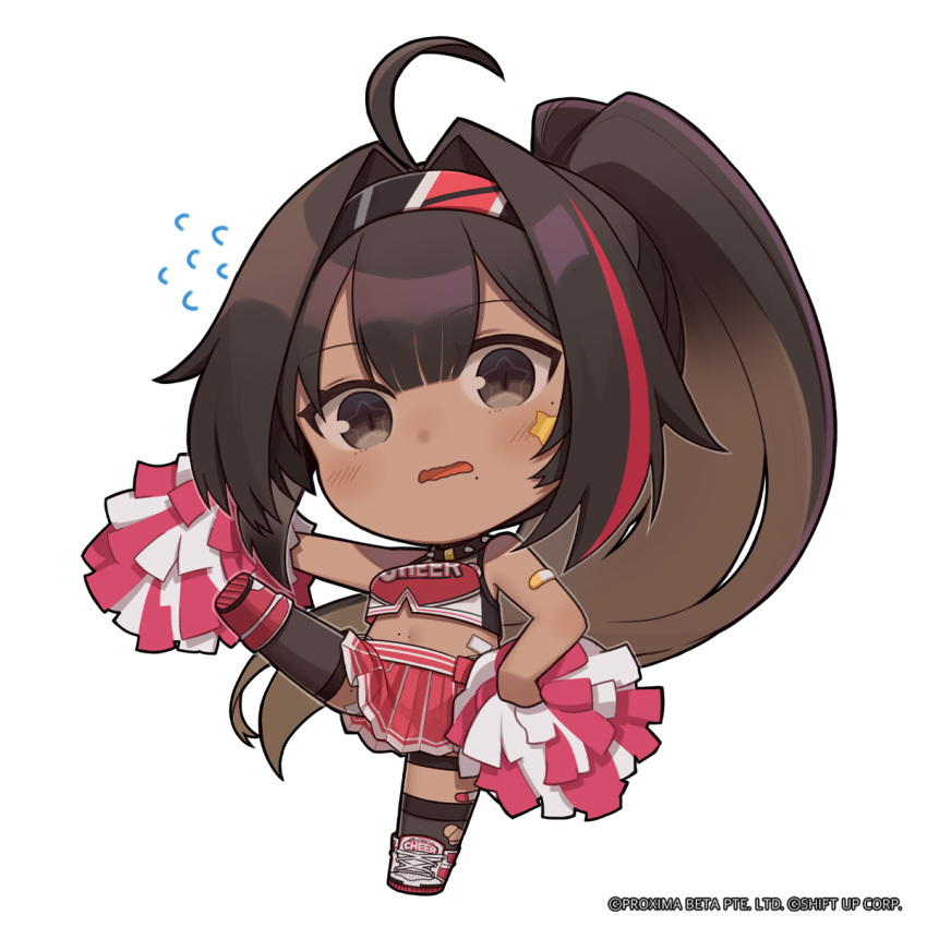 1girl ahoge bandaid bandaid_on_arm bandaid_on_knee bandaid_on_leg bay_(nikke) black_thighhighs blunt_bangs breasts brown_hair cheerleader chibi clothes_writing collar commentary cropped_shirt dark-skinned_female dark_skin english_commentary english_text flying_sweatdrops goddess_of_victory:_nikke gradient_hair grey_eyes highres holding holding_pom_poms light_blush long_hair mole mole_on_stomach mole_on_thigh mole_under_mouth multicolored_hair official_art open_mouth pom_pom_(cheerleading) red_hair red_skirt shirt shoes skirt sleeveless sleeveless_shirt sneakers solo spiked_collar spikes standing standing_on_one_leg star_(symbol) streaked_hair thighhighs torn_clothes torn_thighhighs totatokeke very_long_hair wavy_mouth white_footwear