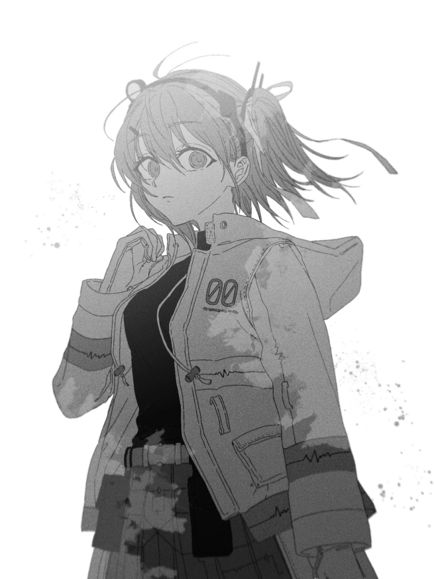 1girl a.i._voice adachi_rei belt belt_pouch bloom breasts closed_mouth commentary_request cowboy_shot dappled_sunlight emergency_exi10 empty_eyes expressionless film_grain floating_hair gloves greyscale hair_behind_ear hair_ornament hairband hairclip hand_up headlamp highres hood hood_down hooded_jacket jacket light_particles long_sleeves looking_at_viewer medium_breasts monochrome one_side_up open_clothes open_jacket pleated_skirt pouch radio_antenna shirt_tucked_in skirt solo sunlight utau white_background