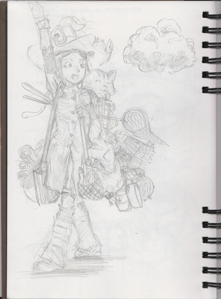 1girl absurdres bag cat cloud coat david_revoy dragon hat highres leg_warmers non-web_source sketch witch_hat