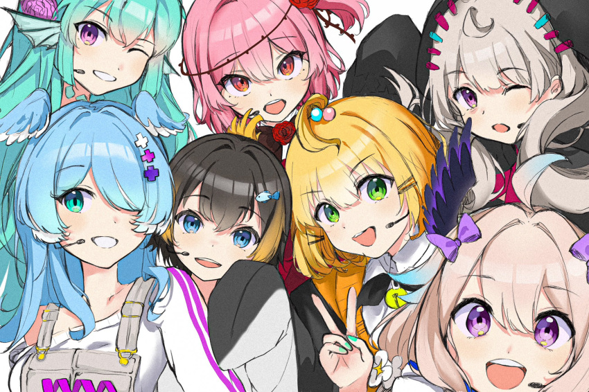 6+girls :d ahoge aqua_eyes aqua_hair aqua_nails bags_under_eyes beads bell black_hair blonde_hair blue_eyes blue_hair bow elira_pendora elira_pendora_(1st_costume) english_commentary enna_alouette enna_alouette_(1st_costume) ethyria finana_ryugu finana_ryugu_(1st_costume) fins fish_hair_ornament flower green_eyes grey_hair hair_beads hair_between_eyes hair_bow hair_ornament hair_over_one_eye hairclip head_fins head_wings headset highres jingle_bell lazulight light_blush long_hair looking_at_viewer medium_hair millie_parfait millie_parfait_(1st_costume) multicolored_hair multiple_girls nijisanji nijisanji_en obsydia_(nijisanji) one_eye_closed open_mouth overalls petra_gurin petra_gurin_(1st_costume) pink_hair plant purple_eyes red_eyes red_flower red_rose reimu_endou reimu_endou_(1st_costume) ria_(ria_0z) rose rosemi_lovelock rosemi_lovelock_(1st_costume) short_hair side_ponytail single_off_shoulder sleeves_past_fingers sleeves_past_wrists smile thorns two-tone_hair v vines virtual_youtuber wings