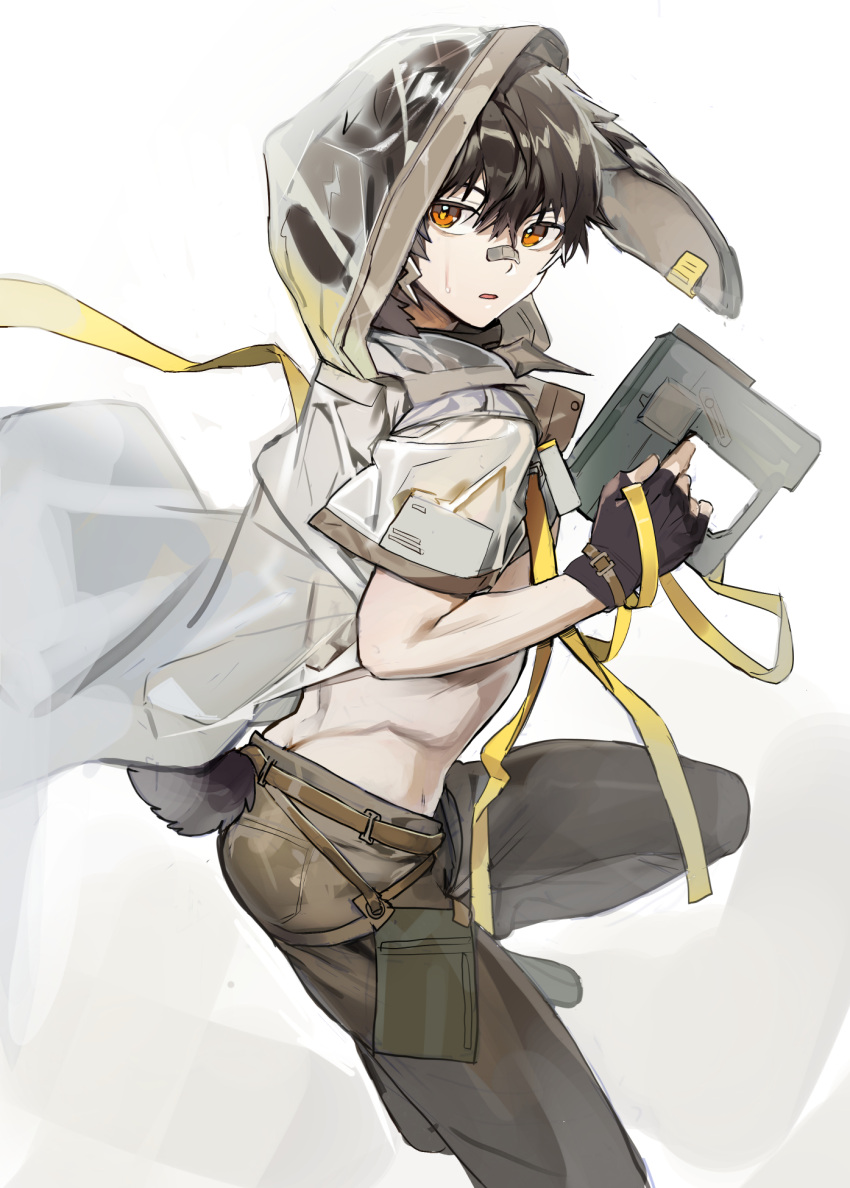 1boy animal_ears arknights ayerscarpe_(arknights) bandaid bandaid_on_face bandaid_on_nose black_gloves black_hair brown_pants butt_crack commentary fingerless_gloves gloves hair_between_eyes highres holding hood itsme_takk jacket looking_at_viewer male_focus orange_eyes pants rabbit_boy rabbit_ears rabbit_tail short_hair simple_background solo sweatdrop tail white_background