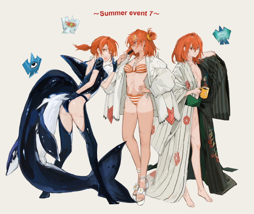 3girls alternate_costume alternate_hairstyle ass ass_cutout bare_legs barefoot bikini black_kimono blue_bodysuit blue_gloves bodysuit borrowed_clothes bracelet breasts brown_background cetacean_tail chaldea_logo cleavage closed_mouth clothing_cutout cup dorsal_fin drink eating english_text eyewear_on_head fate/grand_order fate_(series) fins fish_tail floral_print flower food from_behind fujimaru_ritsuka_(female) fujimaru_ritsuka_(female)_(brilliant_summer) full_body gloves green_sash hair_between_eyes hair_bun hair_down hair_ornament hair_scrunchie hand_on_own_hip hand_on_own_neck hand_up highres holding holding_cup holding_food holding_popsicle jacket japanese_clothes jewelry kimono long_sleeves looking_ahead looking_at_viewer looking_back medium_hair morning_glory_print mug multiple_girls multiple_persona nail_polish o-ring o-ring_bikini obi one_eye_closed open_clothes open_jacket open_kimono open_mouth orange-tinted_eyewear orange_bikini orange_eyes orange_hair orange_scrunchie orca_girl ponytail popsicle print_kimono sandals sash scar scrunchie shikigami shoe_flower short_ponytail short_sleeves side-tie_bikini_bottom side_slit simple_background single_side_bun standing striped_bikini striped_clothes striped_kimono sunglasses sweat swimsuit tail tan tanlines teeth tinted_eyewear toeless_footwear toenail_polish toenails two-tone_kimono upper_teeth_only vertical-striped_clothes vertical-striped_kimono white_flower white_footwear white_jacket white_kimono white_nails wide_sleeves xubeichaoyansuan yukata
