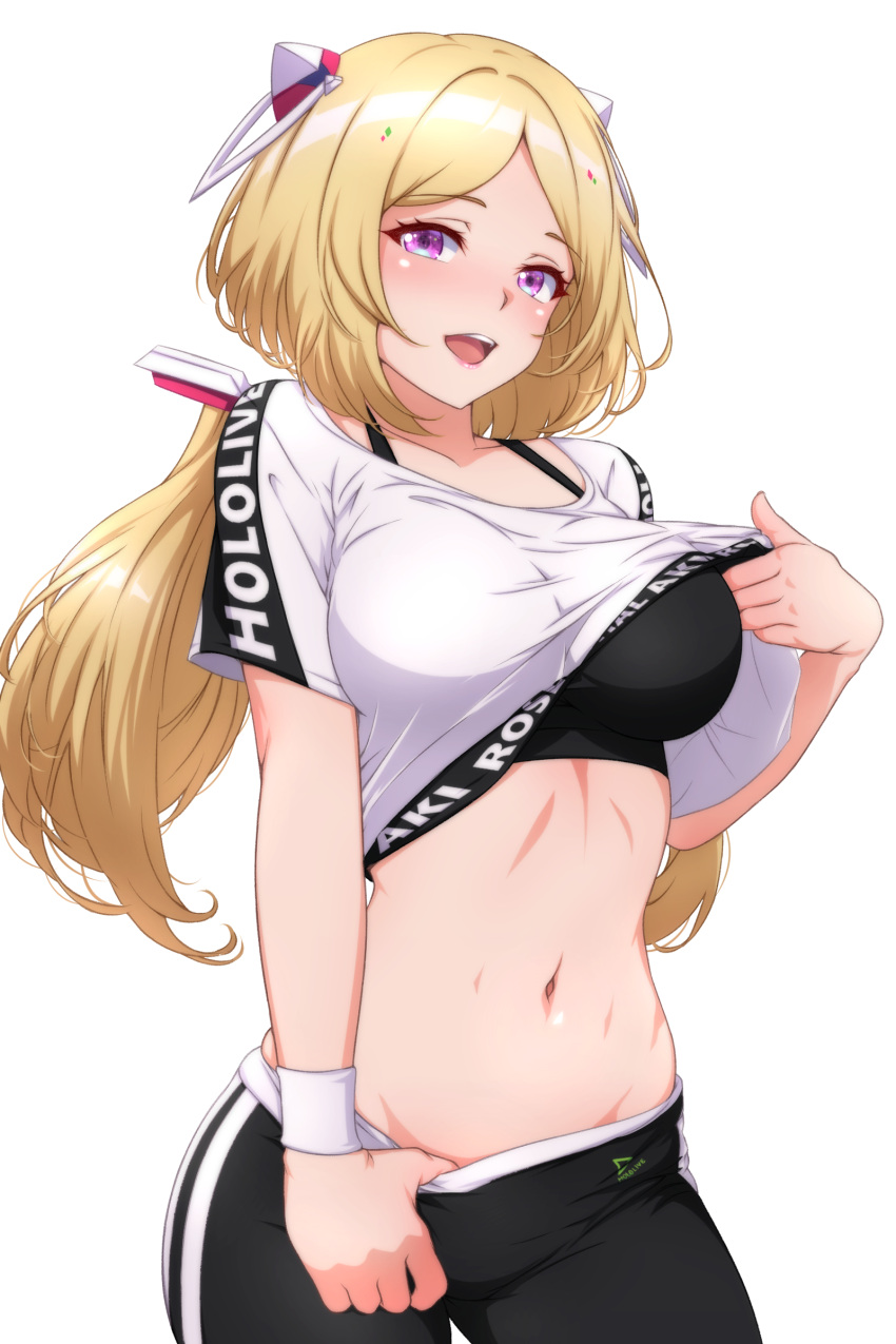 1girl absurdres aki_rosenthal black_pants black_sports_bra blonde_hair blush breasts character_name clothes_writing commentary_request copyright_name crop_top crop_top_lift detached_hair headgear highres hololive hololive_dance_practice_uniform large_breasts lifted_by_self long_hair looking_at_viewer navel official_alternate_costume open_mouth p-nekoe pants parted_bangs purple_eyes shirt short_sleeves simple_background solo sports_bra stomach sweatband teeth upper_teeth_only virtual_youtuber white_background white_shirt workout_clothes wristband yoga_pants