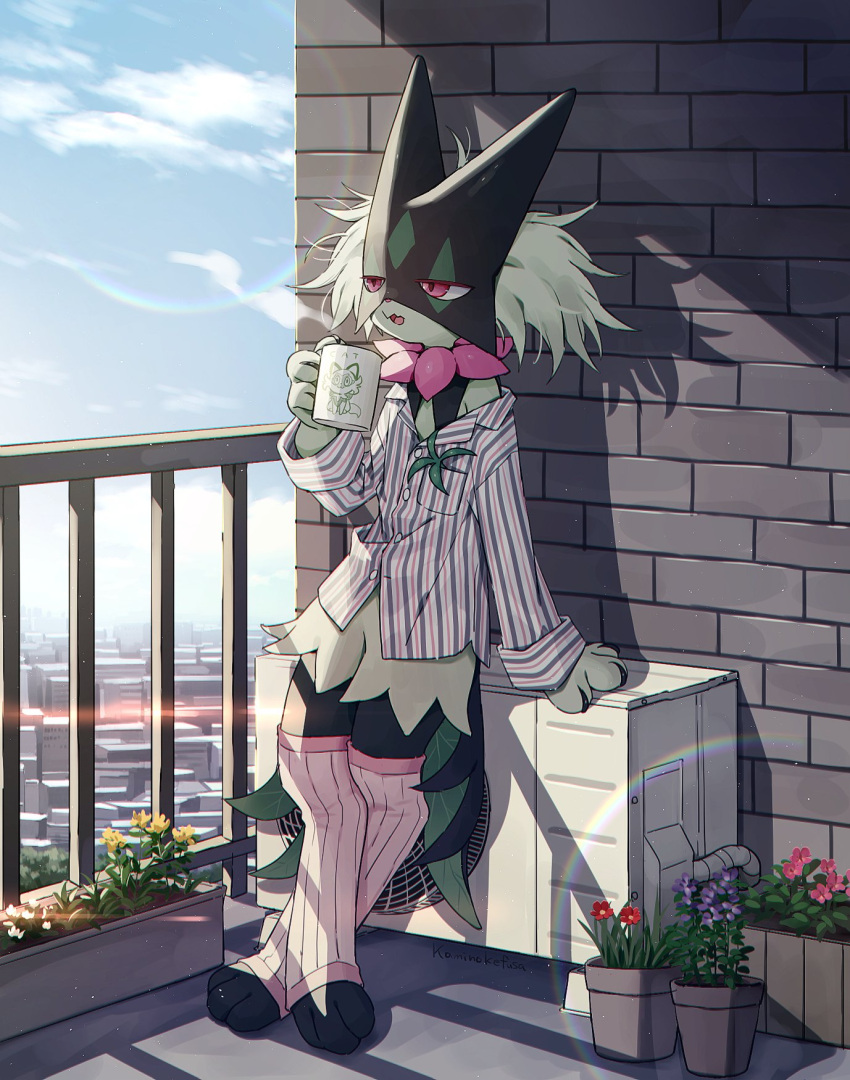 air_conditioner coffee coffee_mug cup green_fur highres kaminokefusa leg_warmers meowscarada messy_hair morning mug on_roof outdoors pink_leg_warmers plant pokemon pokemon_(creature) potted_plant red_eyes rooftop shirt standing standing_on_roof striped_clothes white_shirt