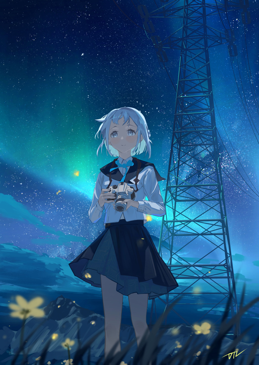 1girl absurdres aurora bare_legs blue_ribbon blush camera da_tengzi flower gakuen_idolmaster galaxy grass grey_hair highres holding holding_camera idolmaster katsuragi_lilja long_sleeves looking_ahead neck_ribbon outdoors ribbon school_uniform serafuku short_hair single-lens_reflex_camera smile solo standing star_(sky) transmission_tower yellow_flower