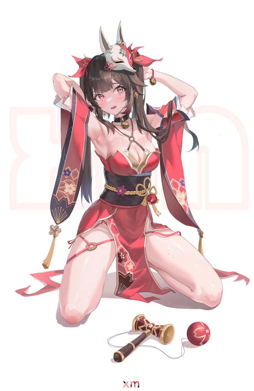 1girl absurdres armpits arms_up artist_name bell black_choker black_sash blush breasts brown_hair butterfly-shaped_pupils choker cleavage collarbone criss-cross_halter detached_sleeves dress feet_up fox_mask full_body halterneck highres honkai:_star_rail honkai_(series) kendama kneeling long_hair looking_at_viewer mask mask_on_head medium_breasts neck_bell o-ring open_mouth pelvic_curtain red_dress red_sleeves saliva sash solo sparkle_(honkai:_star_rail) sweat symbol-shaped_pupils twintails white_background wide_sleeves xiami_(user_gtpd5887)
