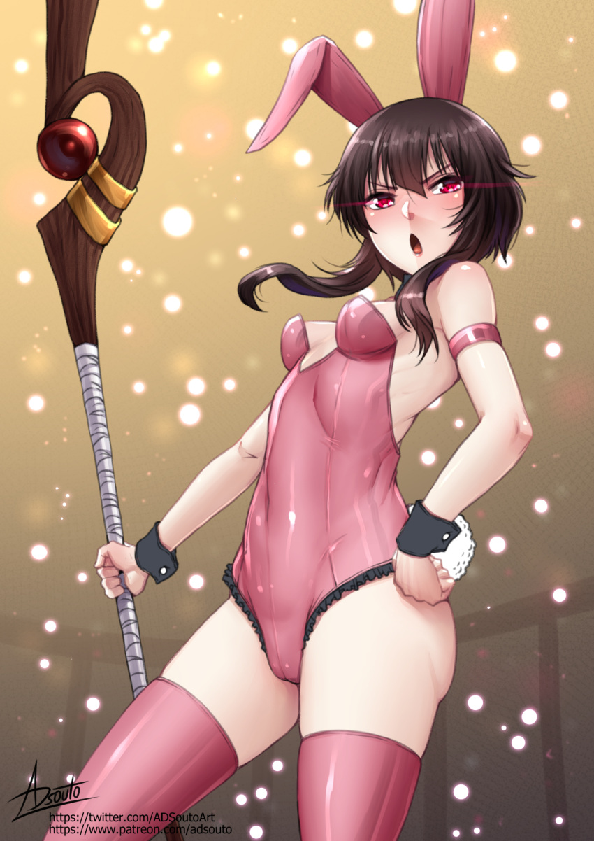 1girl :o adsouto animal_ears arm_strap blush breasts brown_hair fake_animal_ears glowing glowing_eyes hand_on_own_hip highres holding holding_staff kono_subarashii_sekai_ni_shukufuku_wo! leotard looking_at_viewer megumin playboy_bunny rabbit_ears rabbit_tail red_eyes short_hair_with_long_locks signature small_breasts solo staff strapless strapless_leotard tail variant_set wrist_cuffs