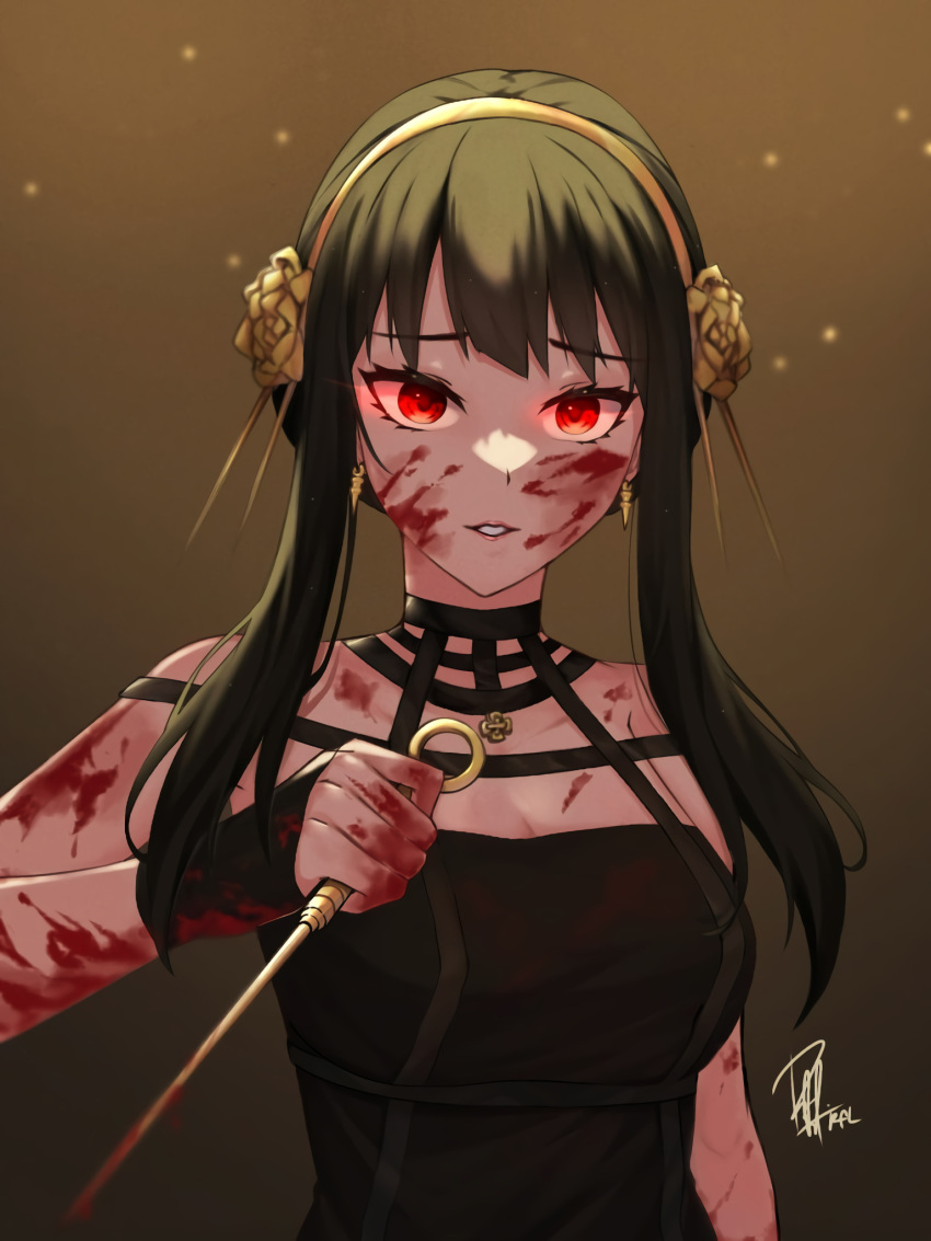 1girl bare_shoulders black_hair blood blood_stain breasts cleavage dagger hairband highres holding holding_dagger holding_knife holding_weapon knife large_breasts long_hair looking_at_viewer neko_reina red_eyes sidelocks signature solo spy_x_family stiletto_(weapon) upper_body weapon yor_briar