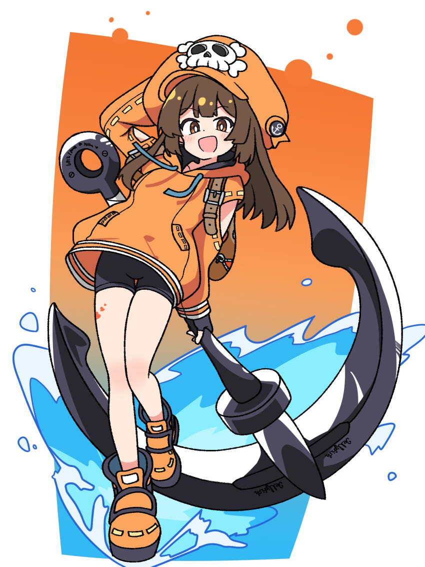 1girl anchor bike_shorts black_gloves black_shorts brown_eyes brown_hair cabbie_hat fingerless_gloves gloves guilty_gear guilty_gear_strive hat highres holding holding_anchor hood hoodie long_hair long_sleeves looking_at_viewer may_(guilty_gear) open_mouth orange_footwear orange_hat orange_hoodie shorts skull_and_crossbones smile snowone_1