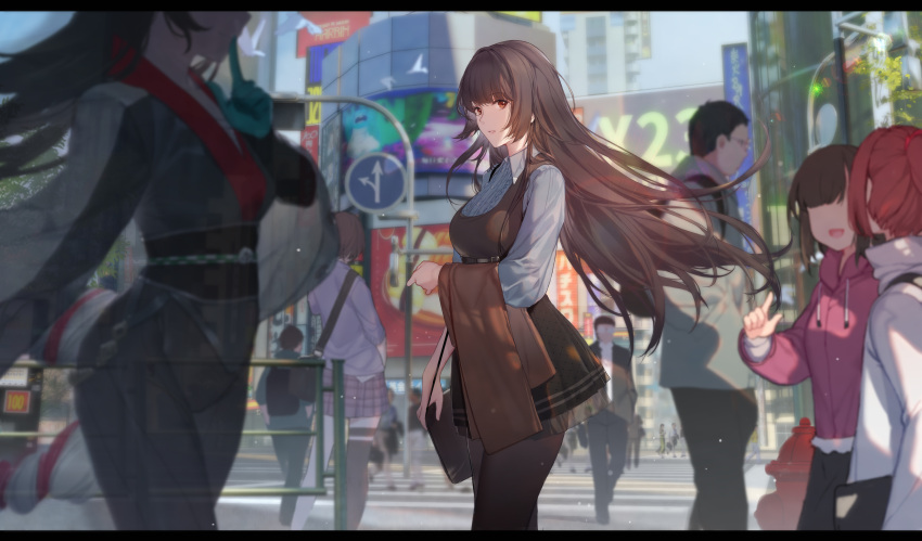 6+boys 6+girls :d absurdres aqua_gloves backpack bag black_hair black_pantyhose black_thighhighs breasts day dress faceless faceless_female gloves handbag highres lamppost long_hair looking_at_viewer multiple_boys multiple_girls outdoors pantyhose parted_lips persona persona_5 persona_5:_the_phantom_x red_eyes red_hair signpost single_thighhigh smile solo solo_focus swd3e2 thighhighs unworn_clothes x-ray
