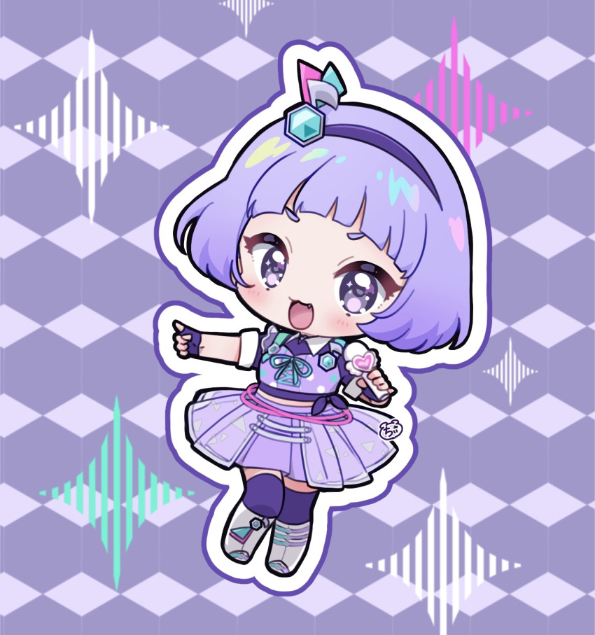 1girl :d blunt_bangs boots chibi chii_(chi_pppuri) collared_shirt commentary_request full_body hair_ornament hairband hands_up highres himitsu_no_aipri holding holding_microphone idol_clothes looking_at_viewer mamiya_chii microphone musical_note musical_note_hair_ornament open_mouth pleated_skirt pretty_series purple_background purple_eyes purple_footwear purple_hair purple_hairband purple_shirt purple_skirt purple_theme purple_thighhighs shirt short_hair short_sleeves skirt smile solo standing thighhighs