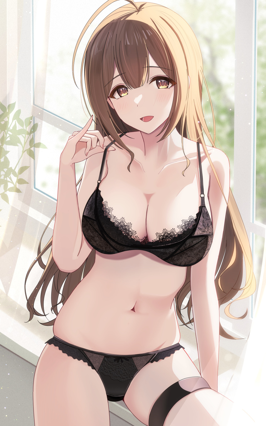 1girl absurdres ahoge black_bra black_panties blush bra breasts brown_hair cleavage collarbone highres huge_ahoge idolmaster idolmaster_shiny_colors indoors kuwayama_chiyuki lace-trimmed_bra lace_trim large_breasts long_hair looking_at_viewer navel panties sikimosh smile solo stomach thigh_strap underwear underwear_only very_long_hair window