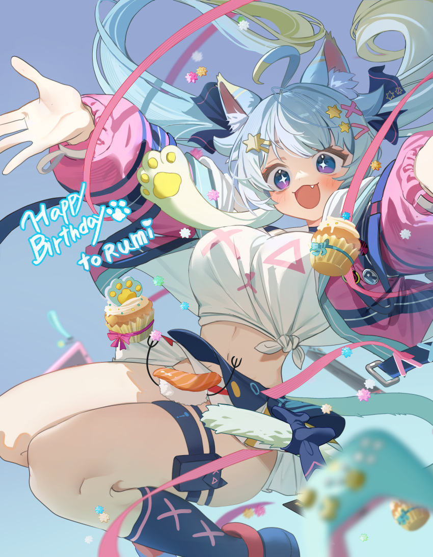 +_+ 1girl absurdres ahoge animal_ear_fluff animal_ears blue_eyes blue_socks blurry blush breasts cake cat_ears chinese_commentary commentary_request depth_of_field english_text food gradient_hair hair_ornament happy_birthday highres indie_virtual_youtuber jacket jumping lanmewko large_breasts long_hair long_sleeves looking_at_viewer microskirt midriff multicolored_hair open_clothes open_jacket open_mouth outstretched_arms paw_print pink_jacket reaching ruiuncle shirt skirt smile socks solo star_(symbol) star_hair_ornament thigh_strap thighs tied_shirt twintails virtual_youtuber white_shirt