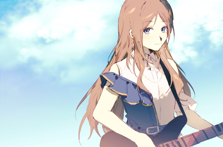 1girl artist_request bang_dream! bang_dream!_it's_mygo!!!!! bass_guitar blue_eyes blue_sky brown_hair chinese_commentary closed_mouth cloud commentary_request commission day earrings guitar holding holding_guitar holding_instrument instrument jewelry long_hair looking_at_viewer nagasaki_soyo off-shoulder_shirt off_shoulder outdoors playing_guitar second-party_source shirt sky smile solo upper_body white_shirt