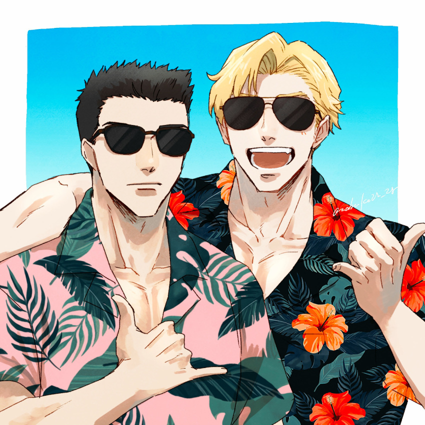 2boys :d alternate_costume ao_isami arm_around_shoulder artist_request black_hair blonde_hair couple facial_hair hawaiian_shirt highres lewis_smith looking_at_viewer male_focus multiple_boys pectoral_cleavage pectorals shirt sideburns_stubble smile stubble sunglasses thick_eyebrows upper_body w yaoi yuuki_bakuhatsu_bang_bravern