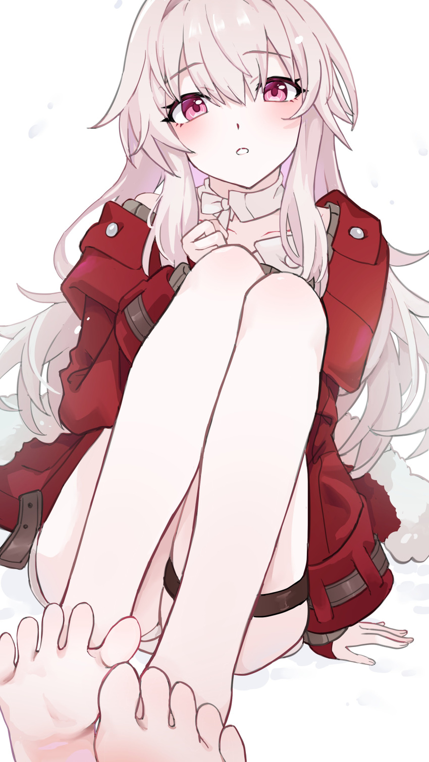 1girl absurdres arm_support awe_(adorableduckyy) bare_legs barefoot blush clara_(honkai:_star_rail) collarbone feet full_body fur_trim grey_hair hair_between_eyes hand_up highres honkai:_star_rail honkai_(series) jacket knees_up legs legs_together long_hair long_sleeves looking_at_viewer on_ground open_mouth pink_eyes red_jacket sidelocks sitting soles solo thigh_strap toes white_background