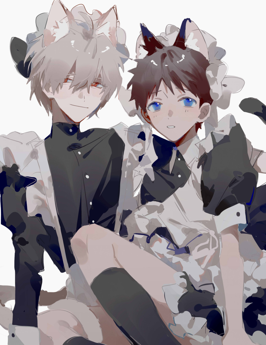 2boys absurdres animal_ears black_thighhighs blue_eyes blush brown_hair cat_boy cat_ears cat_tail grey_hair highres ikari_shinji light_blush light_smile looking_at_viewer maid male_focus mogutofuoes multiple_boys nagisa_kaworu neon_genesis_evangelion rebuild_of_evangelion red_eyes short_hair simple_background smile tail thighhighs white_background yaoi