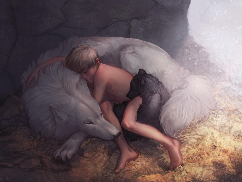 1boy animal animal_focus barefoot cave closed_eyes commentary english_commentary family full_body highres male_focus nude original sharaiza short_hair sleeping snowing solo toes topless_male traditional_media white_wolf wolf