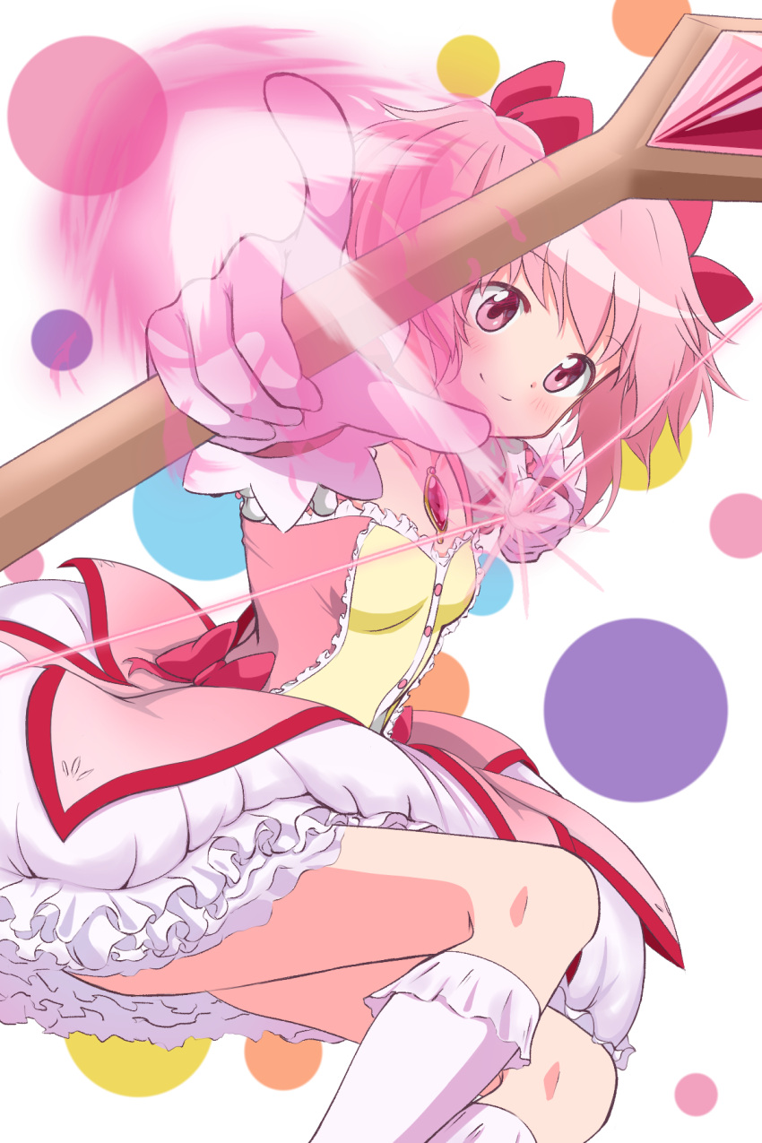 1girl aiming bow bow_(weapon) breasts bubble_skirt buttons chest_jewel closed_mouth drawing_bow dress energy_arrow frilled_dress frills gloves hair_bow highres holding holding_bow_(weapon) holding_weapon kaname_madoka light_blush looking_at_viewer magical_girl mahou_shoujo_madoka_magica pink_dress pink_eyes pink_gemstone pink_hair short_twintails skirt small_breasts smile solo square_neckline thighhighs tusz7572 twintails weapon white_background white_gloves white_skirt white_thighhighs