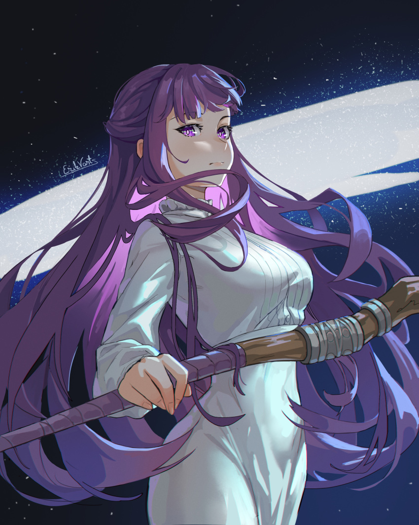 1girl absurdres blunt_bangs breasts closed_mouth dress erik_varts fern_(sousou_no_frieren) fighting_stance highres holding holding_staff long_hair long_sleeves looking_at_viewer mage_staff medium_breasts night night_sky purple_eyes purple_hair serious sidelocks sky solo sousou_no_frieren staff star_(sky) starry_sky straight_hair very_long_hair white_dress