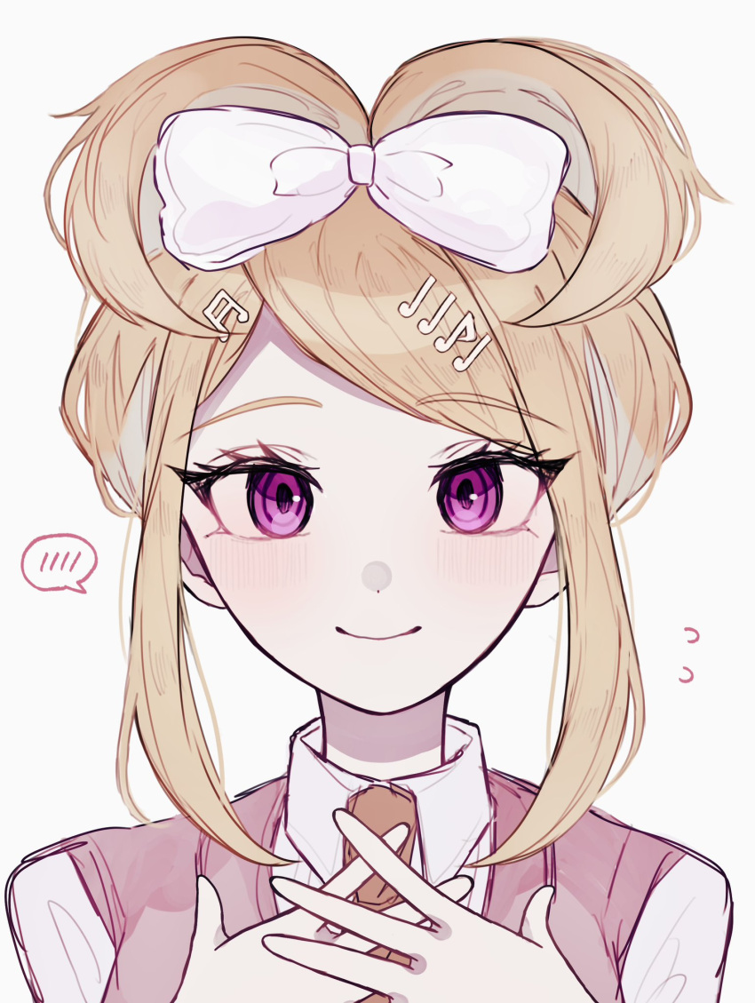 1girl akamatsu_kaede bow closed_mouth collared_shirt danganronpa_(series) danganronpa_v3:_killing_harmony flying_sweatdrops hair_bow hands_up highres long_hair necktie ni_yomu orange_necktie pink_eyes pink_sweater_vest portrait shirt simple_background smile solo spoken_blush sweater_vest white_background white_bow white_shirt