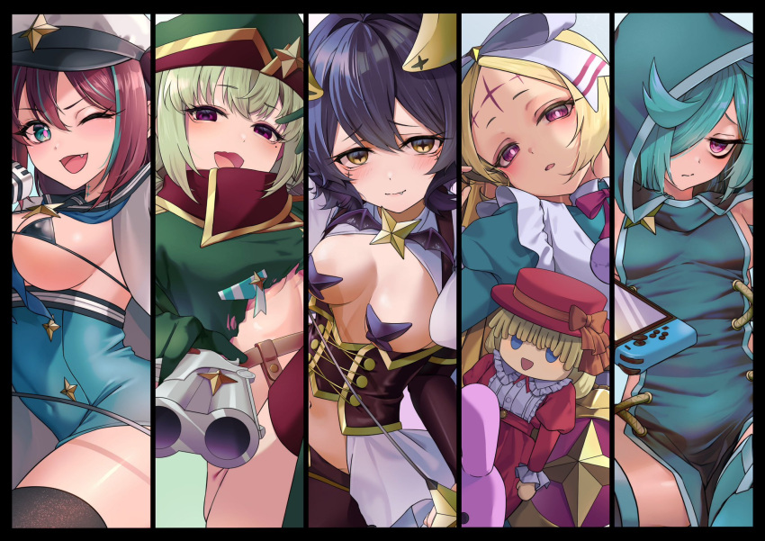 5girls apron bikini black_bikini black_thighhighs blue_dress blue_eyes blue_hood blue_skirt blush breasts child closed_mouth corset covered_navel cross-shaped_pupils demon_horns doll dress elbow_gloves eyebrows_hidden_by_hair facial_tattoo fang feet_out_of_frame forehead_tattoo gloves green_hat gun hair_between_eyes hair_ribbon handheld_game_console highres holding holding_doll holding_gun holding_handheld_game_console holding_microphone holding_riding_crop holding_weapon horns large_ribbon leberblume leoparde_(mahou_shoujo_ni_akogarete) loco_musica long_hair magia_baiser mahou_shoujo_ni_akogarete medium_breasts microphone mole mole_under_eye multiple_girls nero_alice nintendo_switch one_eye_closed open_mouth pants pasties pink_eyes pointing_gun purple_corset purple_gloves purple_pants purupuru3104 red_eyes ribbon short_hair shrug_(clothing) sideboob skirt sleeveless sleeveless_dress small_breasts smile star_pasties swimsuit symbol-shaped_pupils tattoo thighhighs underboob wavy_mouth weapon white_apron white_ribbon yellow_eyes