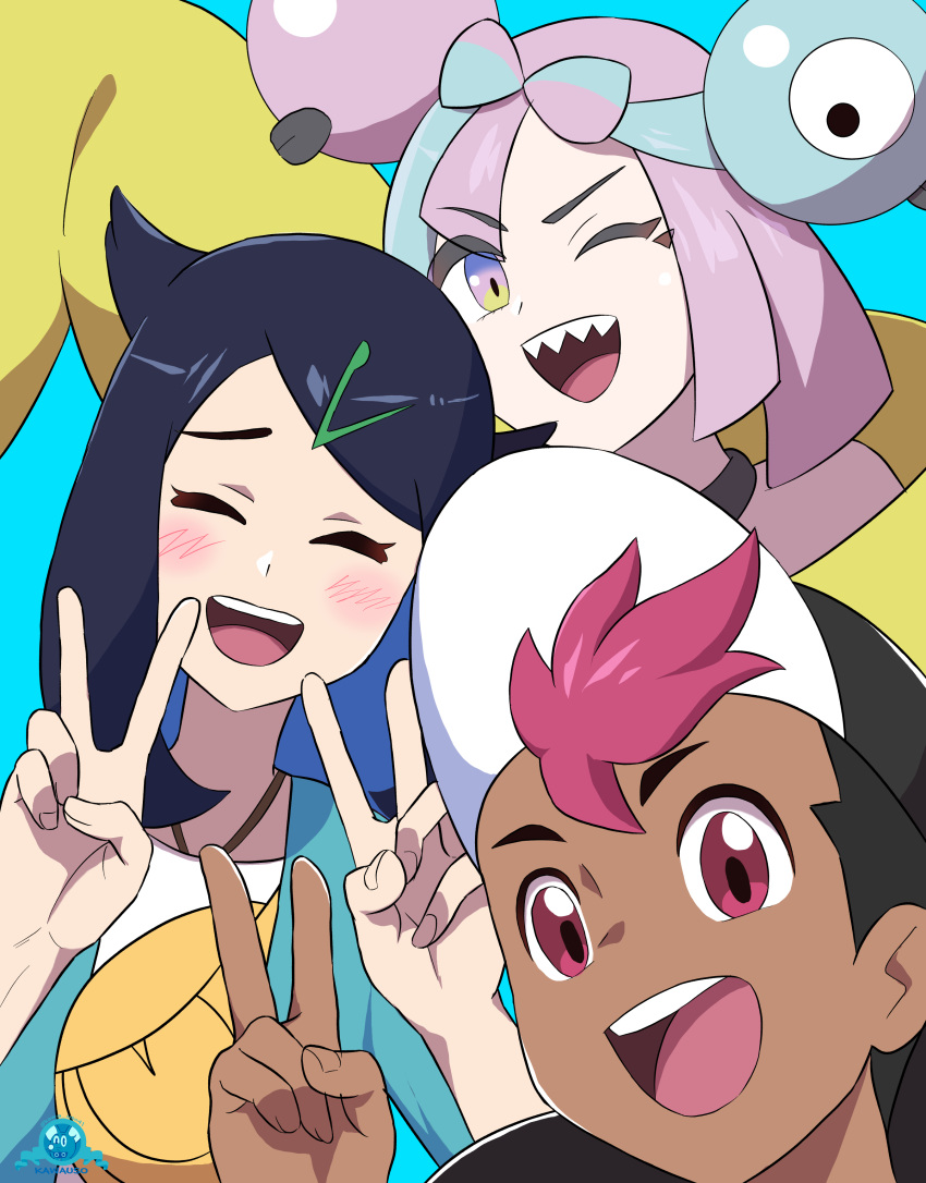 1boy 2girls :d ;d absurdres aqua_background asada_yo black_hair black_hat blush bow-shaped_hair character_hair_ornament closed_eyes commentary_request cowlick dark-skinned_male dark_skin double_v fingernails green_jacket hair_ornament hairclip hand_up hands_up happy hat highres iono_(pokemon) jacket liko_(pokemon) multicolored_hair multiple_girls one_eye_closed open_clothes open_jacket open_mouth pokemon pokemon_(anime) pokemon_horizons roy_(pokemon) shirt smile teeth tongue two-tone_hair upper_teeth_only v white_shirt yellow_bag
