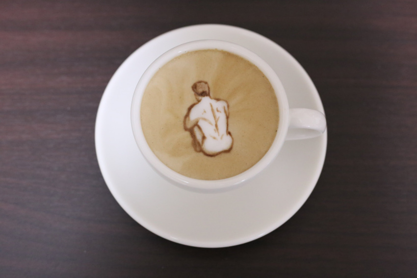 1boy absurdres ao_isami brown_theme coffee_cup cup derivative_work disposable_cup facing_away from_behind highres hugging_own_legs latte_art latte_art_(medium) male_focus nude photo_(medium) screenshot_redraw sitting solo table tokoroten_1234 unconventional_media yuuki_bakuhatsu_bang_bravern