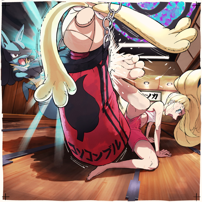 1girl alternate_costume barefoot blonde_hair blue_eyes border bright_pupils chain commentary_request floating_hair highres how_long indoors kicking korrina_(pokemon) long_hair lucario open_mouth pink_shorts pokemon pokemon_(creature) pokemon_xy punching_bag shirt shorts sleeveless sleeveless_shirt toes tongue white_border white_pupils white_shirt wooden_floor