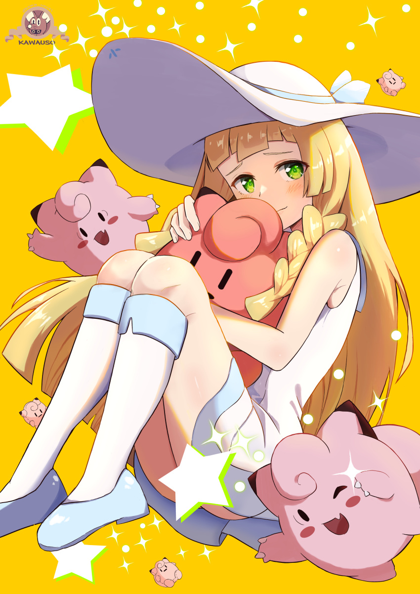 1girl absurdres asada_yo ass blonde_hair blue_footwear blunt_bangs braid clefairy commentary_request doll dress green_eyes hat highres holding holding_doll knees_up light_smile lillie_(pokemon) long_hair looking_at_viewer pokemon pokemon_sm sleeveless sleeveless_dress socks sparkle star_(symbol) sun_hat twin_braids white_dress white_hat white_socks worried yellow_background