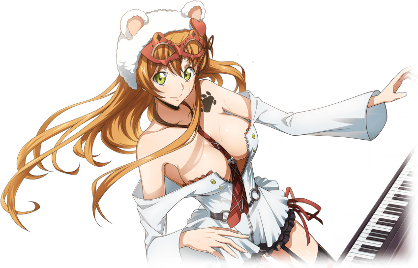 1girl animal_ear_headwear animal_ears arm_up artist_request bare_shoulders bear_ears black_shorts black_thighhighs breasts chain closed_mouth code_geass code_geass:_lost_stories collarbone cowboy_shot dress fake_animal_ears floating_hair frilled_shorts frills game_cg garter_straps green_eyes hand_up happy hat hat_ornament heart heart-shaped_lock highres instrument keyboard_(instrument) large_breasts long_hair long_sleeves looking_at_viewer mask mask_on_head masquerade_mask music necktie no_bra non-web_source o-ring off-shoulder_dress off_shoulder official_art orange_hair paw_print plaid_necktie playing_instrument red_necktie shirley_fenette short_dress short_shorts shorts shorts_under_dress shoulder_tattoo side-tie_shorts sidelocks simple_background smile solo standing sweat tattoo thighhighs transparent_background white_dress white_hat wide_sleeves zipper