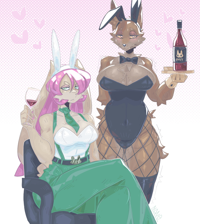 2022 absurd_res alcohol anthro beverage big_breasts blush bodily_fluids bottle bow_tie breasts canid canine canis chair clothed clothing duo fake_ears fake_rabbit_ears faygo_(foxtoad) female furniture glass hair handler_(foxtoad) hi_res lagomorph leporid looking_at_viewer mammal nanokindred pink_hair rabbit sitting sweat waiter wine wolf