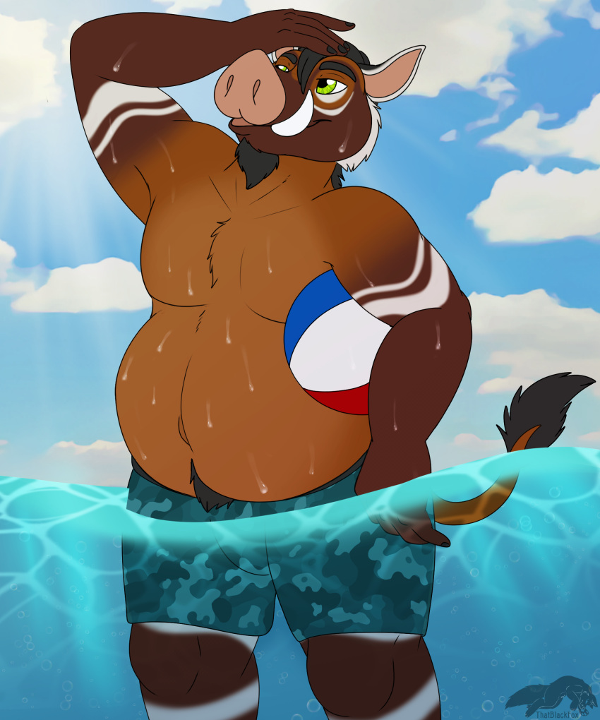 absurd_res anthro ball beach_ball bodily_fluids clothing hi_res inflatable male mammal sea slightly_chubby solo suid suina sus_(pig) sweat swimming_trunks swimwear thatblackfox_(artist) water wild_boar