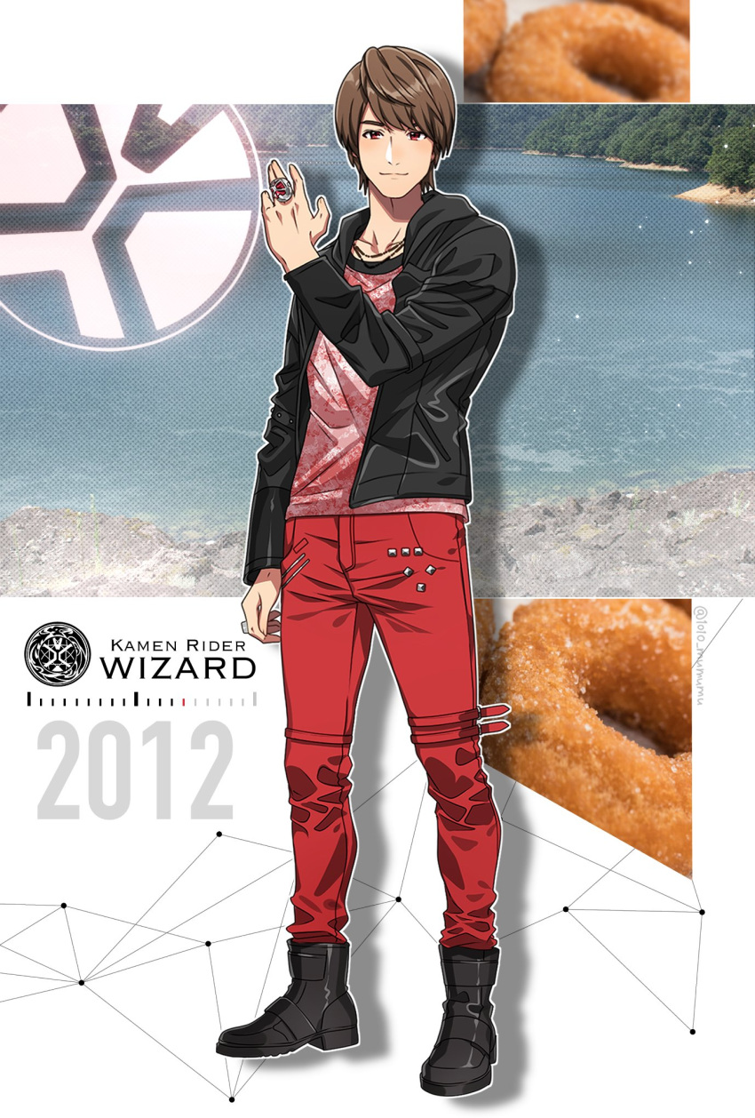 1010_mumumu 1boy 2012 animification black_footwear black_jacket brown_eyes brown_hair copyright_name denim doughnut food forest highres jacket jeans jewelry kamen_rider kamen_rider_wizard_(series) male_focus nature ocean open_hand pants photo_background red_eyes red_pants short_hair souma_haruto standing wizard