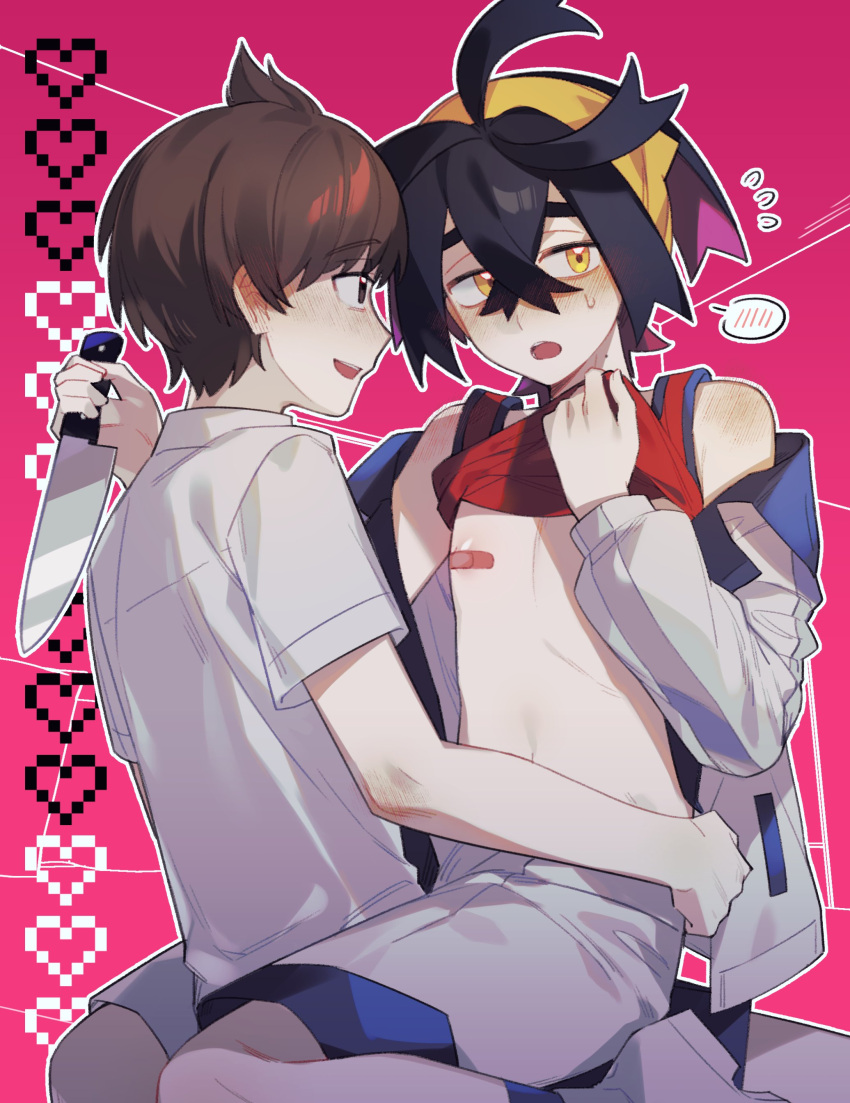 ... 2boys absurdres bandaid bandaids_on_nipples black_hair blush crossed_bangs florian_(pokemon) flying_sweatdrops hair_between_eyes heart highres holding holding_knife jacket kieran_(pokemon) knife long_sleeves lostoria_sv male_focus mole mole_on_neck multicolored_hair multiple_boys off_shoulder open_clothes open_jacket open_mouth orange_eyes pasties pokemon pokemon_sv purple_hair red_tank_top shirt shorts shoulder_blush simple_background spoken_ellipsis sweat tank_top white_shirt yaoi