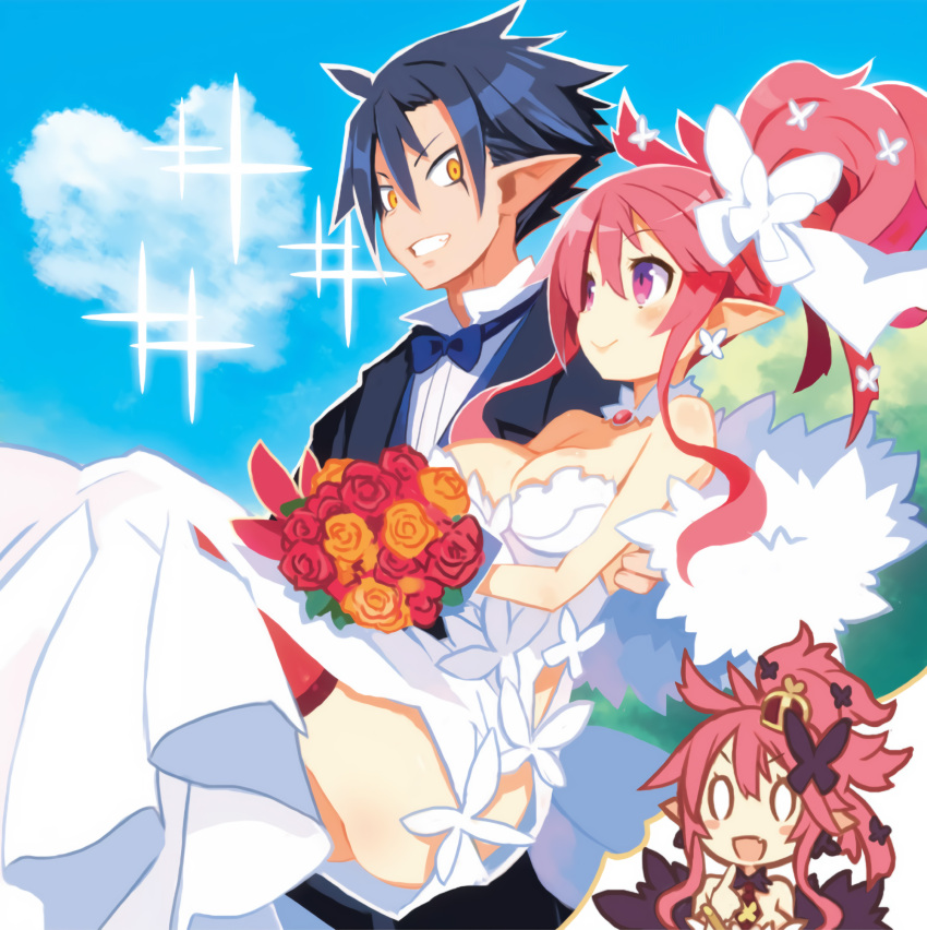 1boy 1girl black_hair blue_bow blue_bowtie blue_sky blush bouquet bow bowtie breasts bride demon_boy demon_girl disgaea dress earrings fingernails flower fur_trim groom hair_between_eyes harada_takehito heart-shaped_cloud highres jewelry killia_(disgaea) makai_senki_disgaea_5 official_art pink_hair pointy_ears seraphina_(disgaea) sidelocks sky smile tuxedo wedding_dress white_dress yellow_eyes