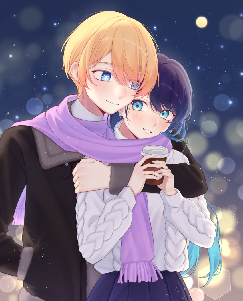 1boy 1girl black_coat blonde_hair blue_eyes blue_hair blue_skirt coat coffee_cup commentary_request cup disposable_cup earrings hand_in_pocket highres holding holding_cup hoshino_aquamarine hug jewelry kurokawa_akane long_hair looking_at_another oshi_no_ko purple_scarf scarf shirt short_hair skirt smile star-shaped_pupils star_(symbol) symbol-shaped_pupils white_shirt zlinnnh