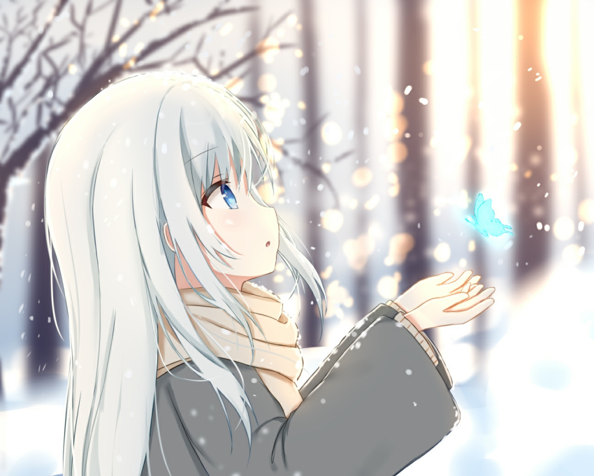 1girl bare_tree blue_butterfly blue_eyes brown_scarf brown_sweater bug butterfly chinese_commentary coat commentary from_side grey_coat grey_hair kujyo_ayans lens_flare light_particles long_hair looking_ahead open_mouth original outdoors reaching scarf sidelocks snow snowing solo sweater tree winter
