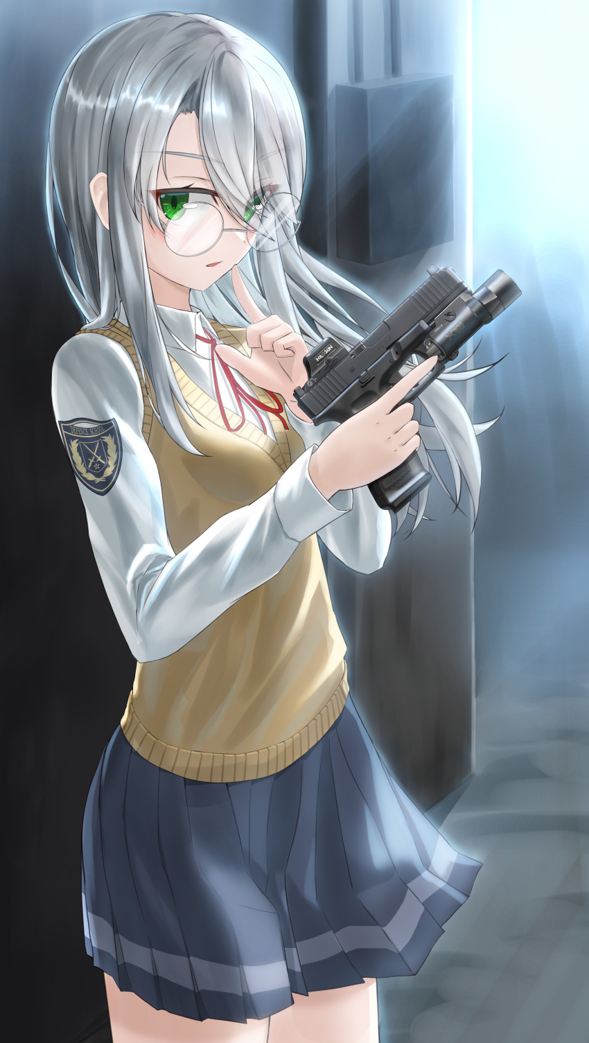 1girl absurdres breasts collared_shirt commentary_request eyes_visible_through_hair glasses glock green_eyes grey_hair gun hair_behind_eyewear hair_over_one_eye handgun highres hiiragi_senri holding holding_gun holding_weapon long_hair long_sleeves looking_at_viewer neck_ribbon optical_sight original parted_lips red_ribbon ribbon round_eyewear shirt skirt small_breasts solo sweater_vest trigger_discipline upper_body weapon white_shirt