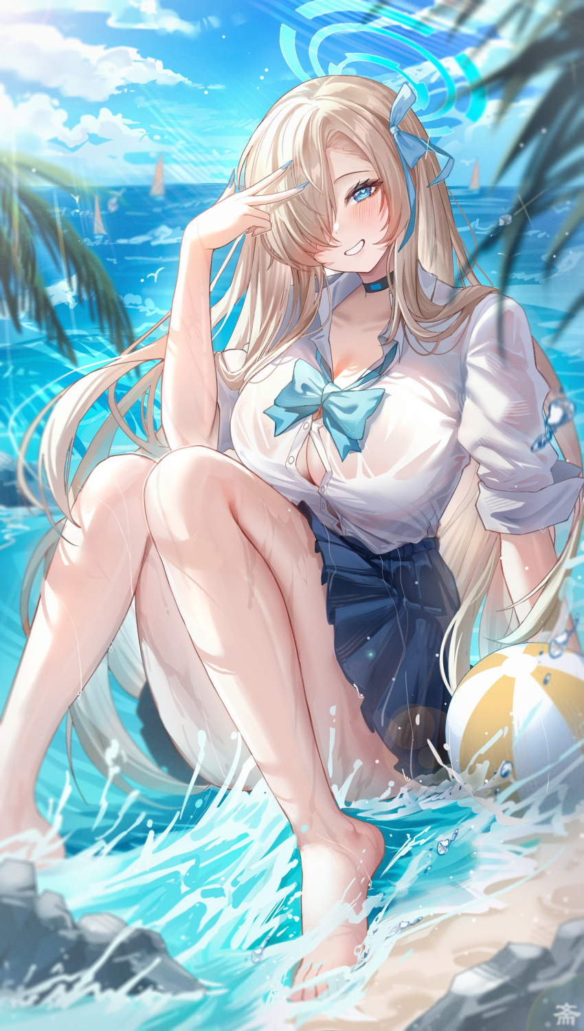 1girl absurdres asuna_(blue_archive) ball barefoot beachball black_choker blonde_hair blue_archive blue_bow blue_bowtie blue_eyes blue_halo blue_nails blue_ribbon blue_skirt blush bow bowtie breasts choker cleavage collared_shirt day hair_ornament hair_over_one_eye hair_ribbon halo hand_up heart heart-shaped_pupils highres large_breasts long_bangs long_hair looking_at_viewer nail_polish ocean one_eye_covered outdoors ribbon shirt shirt_tucked_in sitting skirt smile solo symbol-shaped_pupils tansuan_(ensj3875) thighs uniform water wet white_shirt