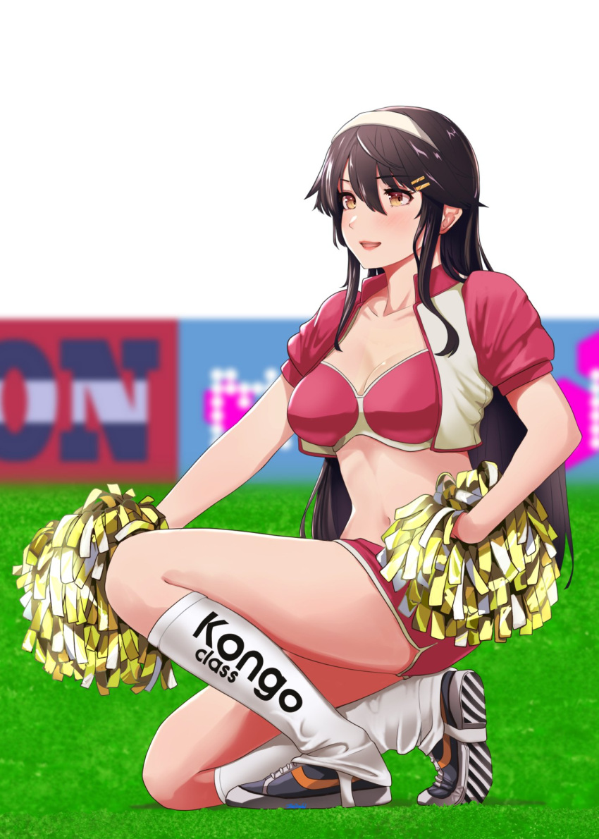 1girl alternate_costume bikini bikini_top_only black_hair breasts brown_eyes cheerleader clothes_writing collarbone cropped_jacket grass hair_ornament hairband hairclip haruna_(kancolle) highres holding holding_pom_poms jacket jouzaburou_(joe3) kantai_collection long_hair medium_breasts navel pom_pom_(cheerleading) red_bikini red_jacket red_shorts shorts socks solo swimsuit white_hairband white_socks