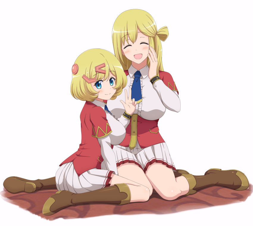 2girls absurdres blonde_hair blue_eyes blue_necktie boots breasts brown_footwear buttons closed_eyes enome esyne futoku_no_guild hair_bun highres huge_breasts ishida_seito kanji_hair_ornament large_breasts long_hair miniskirt mother_and_daughter multiple_girls necktie open_mouth seiza short_hair sitting skirt sleeve_cuffs