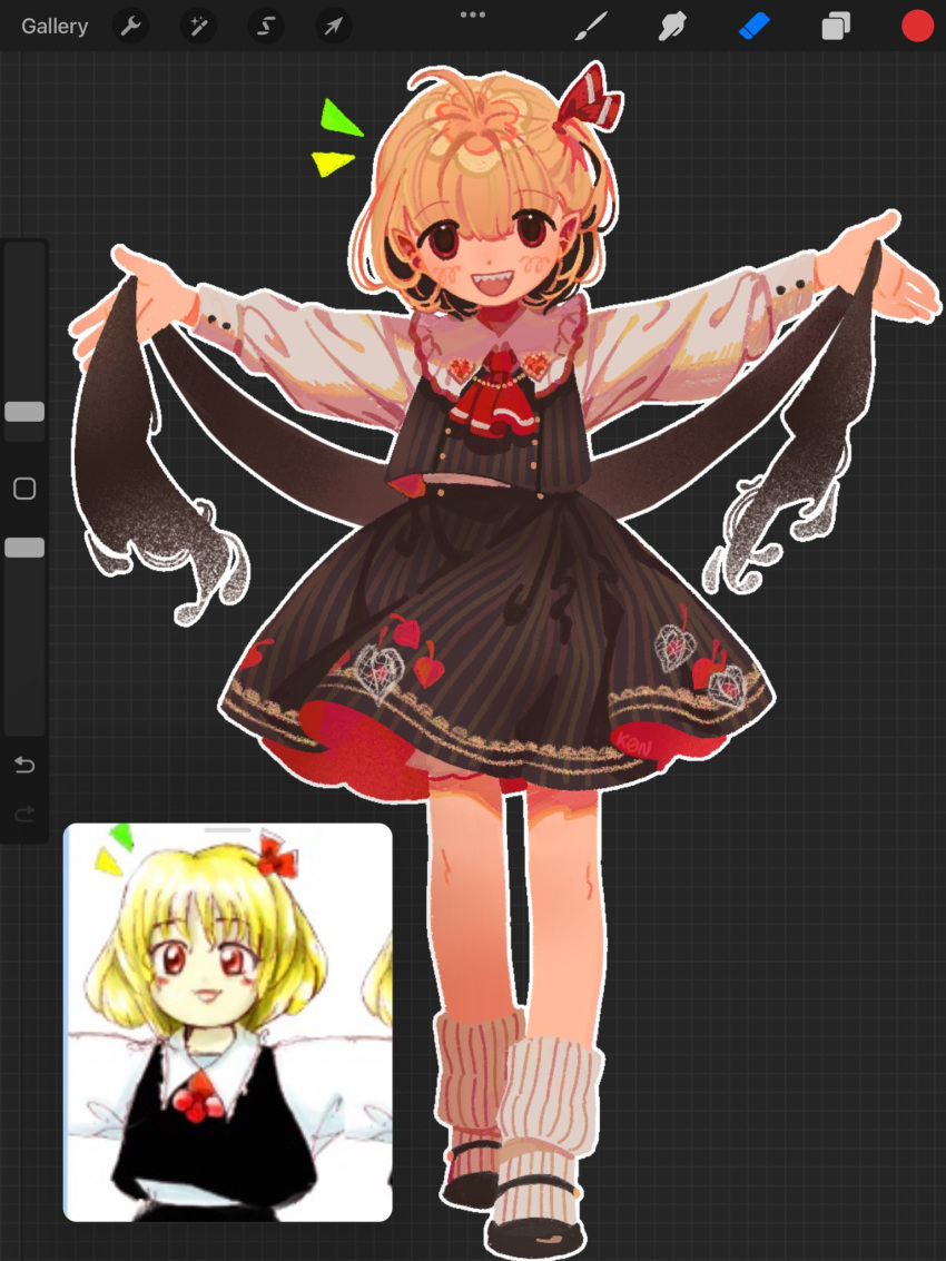 1girl ascot black_dress dress highres k0nfette kneehighs mary_janes open_mouth red_ascot rumia shirt shoes smile socks solo touhou user_interface white_shirt white_socks