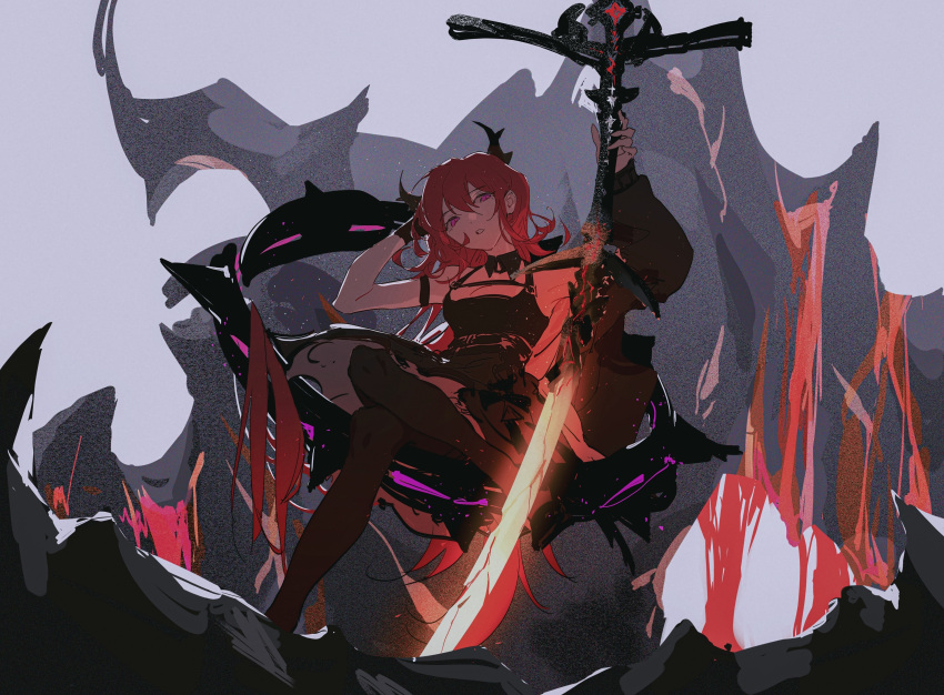 1girl absurdres arknights black_dress demon_girl demon_horns dress highres horns long_hair looking_at_viewer red_hair renyoushenglaosanqianji sitting solo surtr_(arknights)