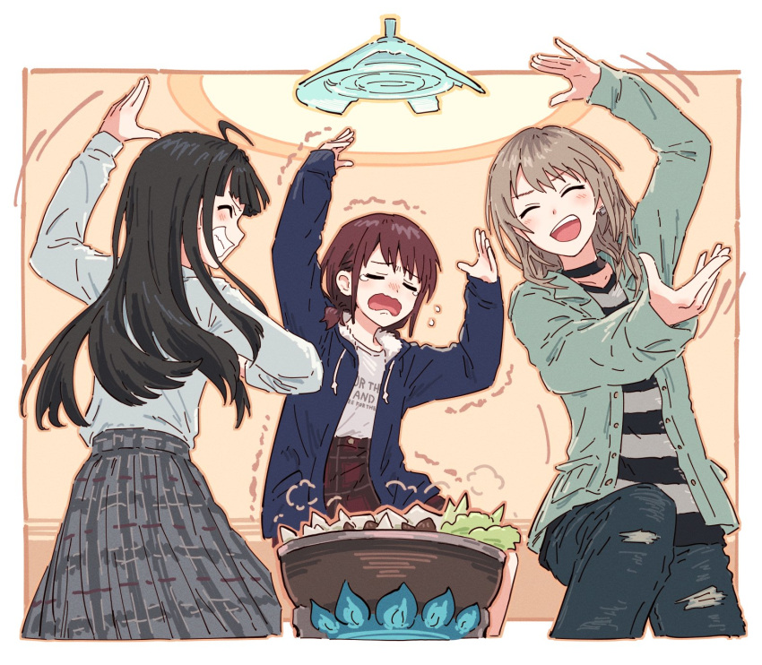 3girls ^_^ awa_subaru black_hair blue_jacket blue_pants brown_hair closed_eyes commentary_request dancing earclip furukawa_wanosuke girls_band_cry green_jacket grey_hair grey_skirt highres hood hooded_jacket iseri_nina jacket kawaragi_momoka lamp long_hair long_sleeves low_twintails medium_hair multiple_girls open_clothes open_jacket open_mouth pants plaid plaid_skirt pleated_skirt red_skirt shirt shirt_tucked_in short_hair short_twintails skirt striped_clothes striped_shirt teeth trembling twintails upper_teeth_only white_shirt