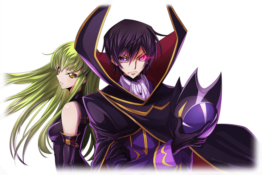 1boy 1girl artist_request ascot back-to-back bare_shoulders black_cape black_dress black_gloves black_hair black_helmet breasts c.c. cape closed_mouth coat code_geass code_geass:_lost_stories cropped_torso crossed_arms dress elbow_gloves eye_trail game_cg geass gloves glowing glowing_eye gold_trim green_hair hair_between_eyes helmet high_collar highres holding holding_helmet lelouch_vi_britannia light_trail long_hair long_sleeves looking_at_viewer medium_breasts non-web_source official_art parted_lips purple_coat purple_eyes serious short_hair sidelocks simple_background sleeveless sleeveless_dress standing transparent_background two-sided_cape two-sided_fabric unworn_headwear unworn_helmet upper_body v-shaped_eyebrows white_ascot yellow_eyes