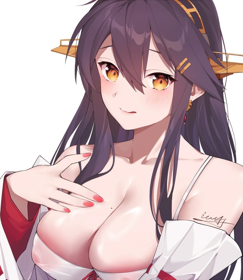 1girl :d bare_shoulders black_hair blush breasts brown_eyes commentary covered_nipples ear_piercing hair_between_eyes hand_on_own_chest haruna_(kancolle) headgear highres ieufg kantai_collection large_breasts long_hair mole mole_on_breast piercing signature simple_background smile solo upper_body white_background