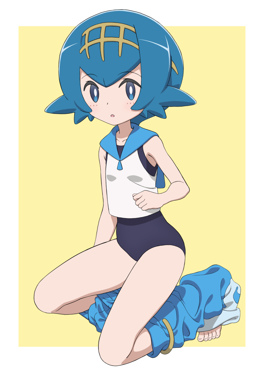 1girl :o bare_arms bare_shoulders barefoot blue_eyes blue_hair blush breasts clothes_pull commentary_request feet full_body gensei00 hair_ornament highres lana_(pokemon) open_mouth pants pants_pull pokemon pokemon_sm shirt short_hair simple_background sleeveless sleeveless_shirt small_breasts solo swimsuit swimsuit_under_clothes yellow_background