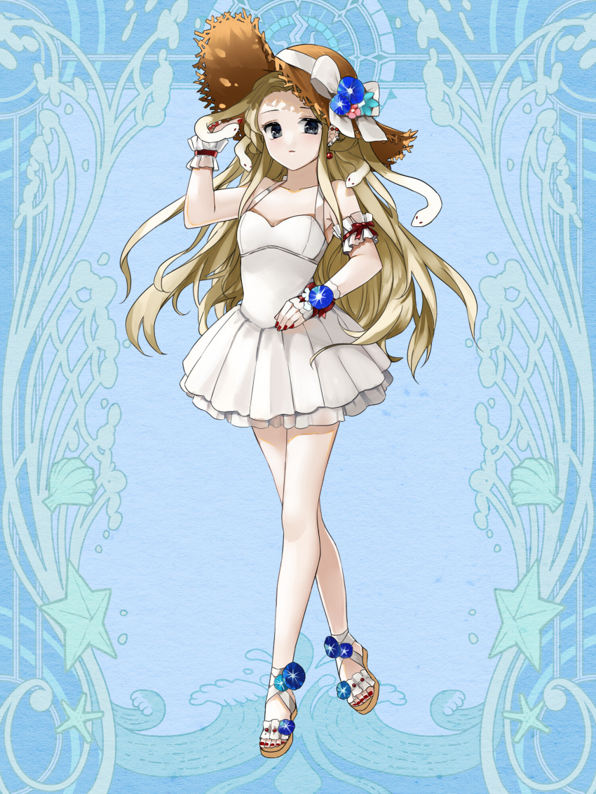 1girl black_eyes blonde_hair breasts dairoku_ryouhei dress earrings flower full_body hand_up hat hat_ribbon highres jewelry long_hair morning_glory pbwdouka red_nails ribbon sandals small_breasts snake_hair standing straw_hat sun_hat virginia_luxuria white_dress white_ribbon